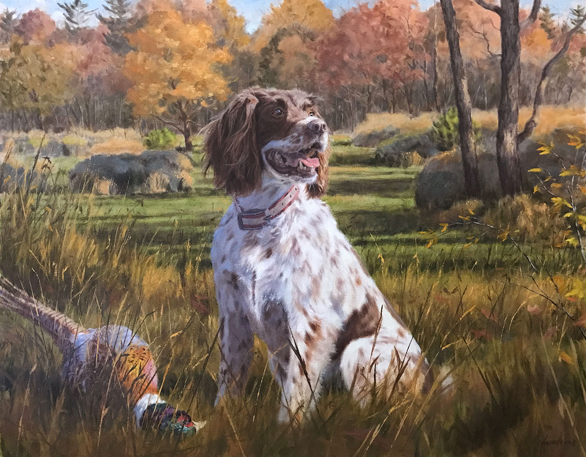 Commissioned pet oil portrait of a brown and white sporting dog in an autumn field with a retrieved game bird.
