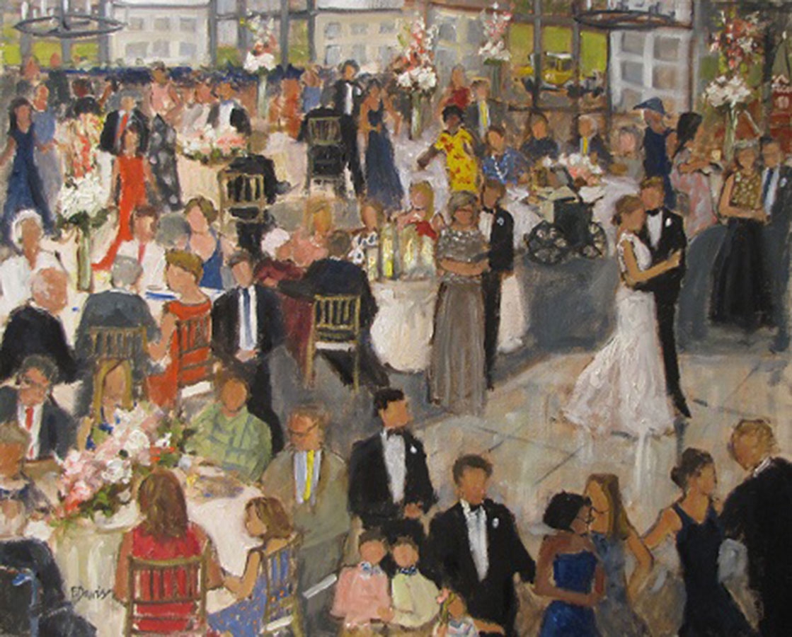 commissioned portrait of a man and woman dancing together at a wedding or reception, with guests surrounding.