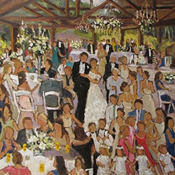 commissioned portrait of a happy couple, with arms locked together, posing while party goers encircle.