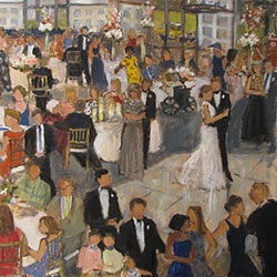 commissioned portrait of a man and woman dancing together at a wedding or reception, with guests surrounding.