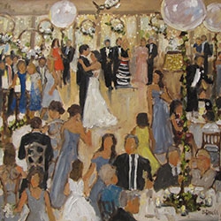 commissioned portrait of a man and woman locked in embrace while dancing, with guests mingling and chatting amongst themselves.