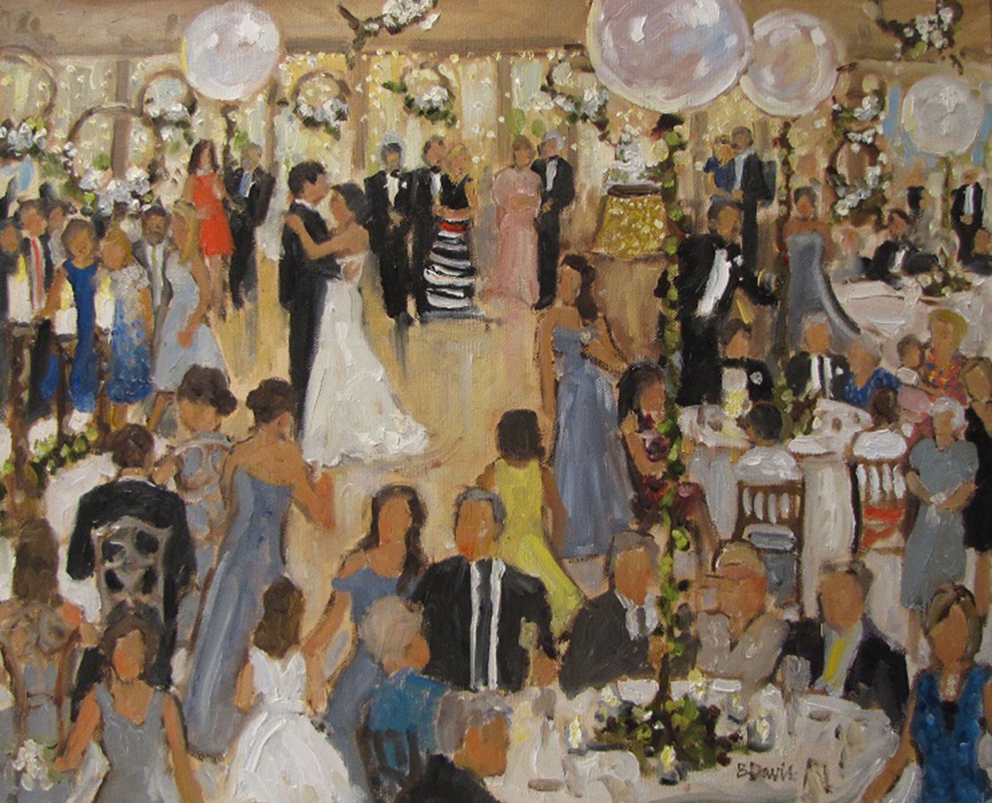 commissioned portrait of a man and woman locked in embrace while dancing, with guests mingling and chatting amongst themselves.