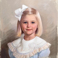 commissioned portrait of a girl in a white bow and patterned dress.