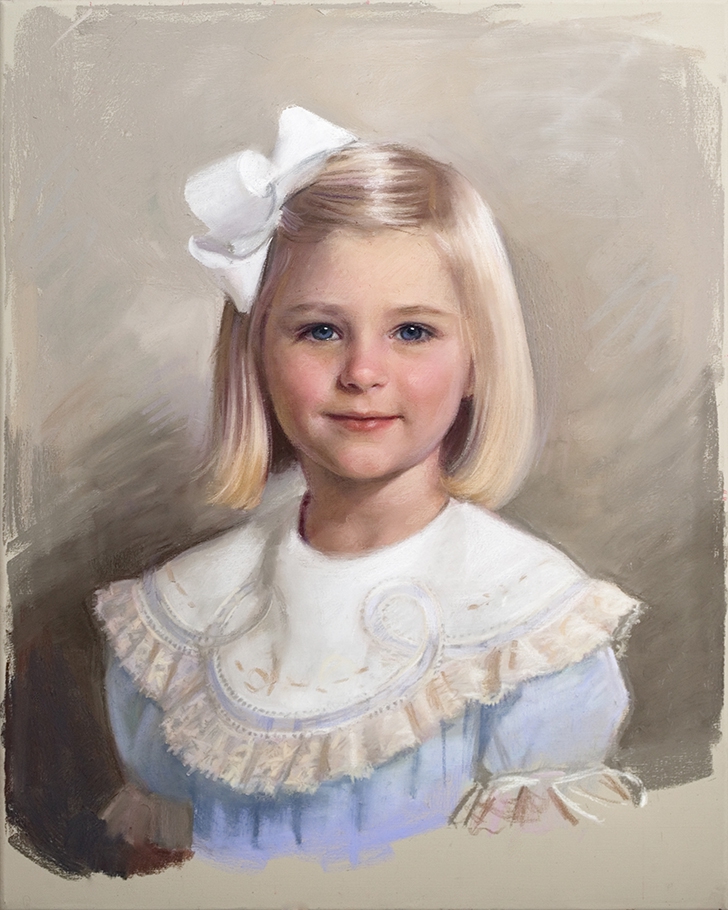 commissioned portrait of a girl in a white bow and patterned dress.