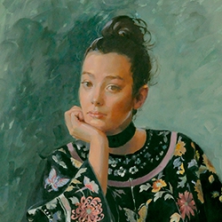 commissioned portrait of a woman holding her head with one hand, clad in a flower-adorned dress.