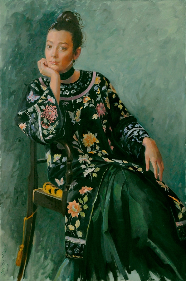 commissioned portrait of a woman holding her head with one hand, clad in a flower-adorned dress.
