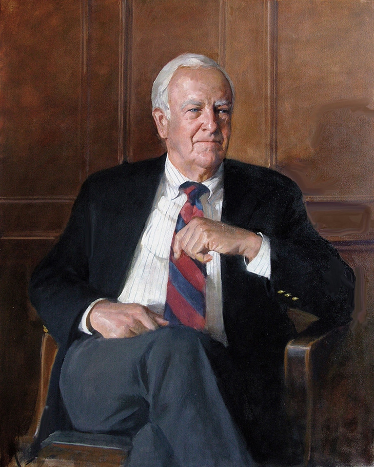 commissioned portrait of older man in jet black blazer, sitting down with legs crossed.