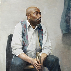 commissioned portrait of a jazzy, well-dressed trumpet player resting his instrument between his legs