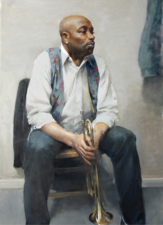 commissioned portrait of a jazzy, well-dressed trumpet player resting his instrument between his legs