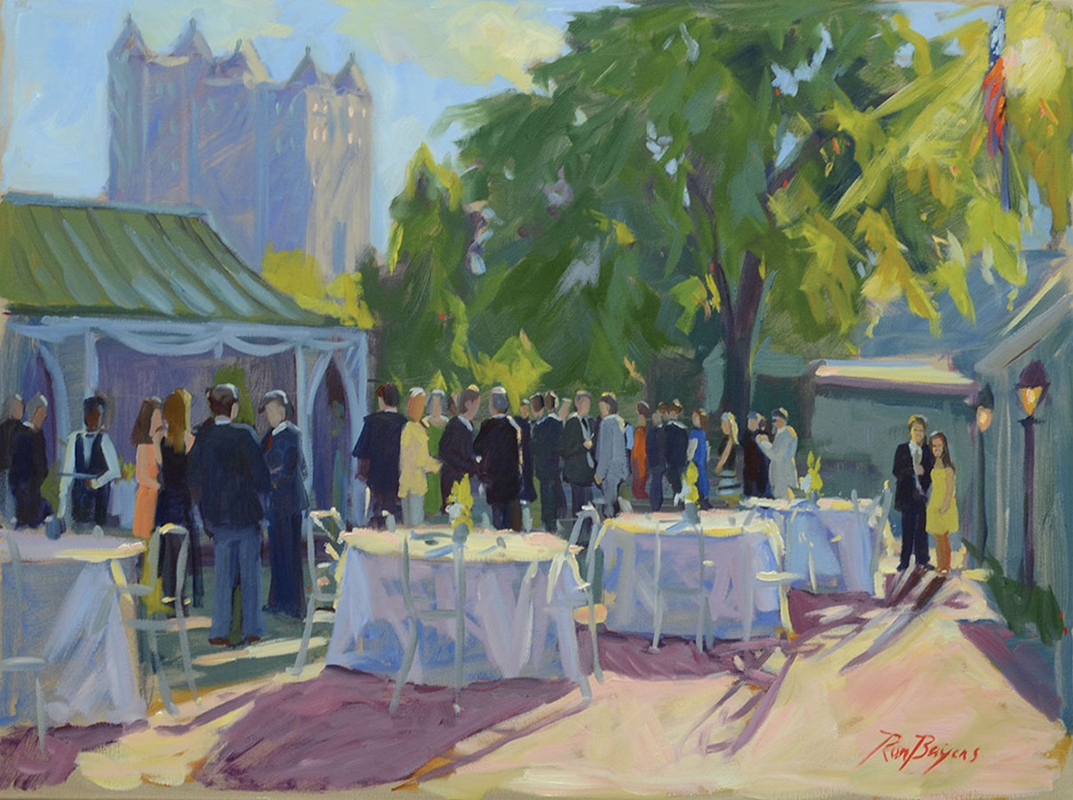 commissioned portrait of a glamorous reception, with finely made tables in foreground, and party guests mingling in background.