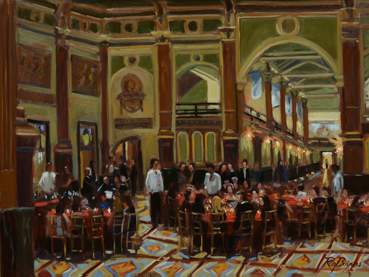 commissioned portrait of a party dining together.