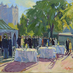 commissioned portrait of a glamorous reception, with finely made tables in foreground, and party guests mingling in background.