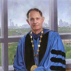 commissioned portrait of man in academic robes, with a gold medal around neck, holding a textbook. 