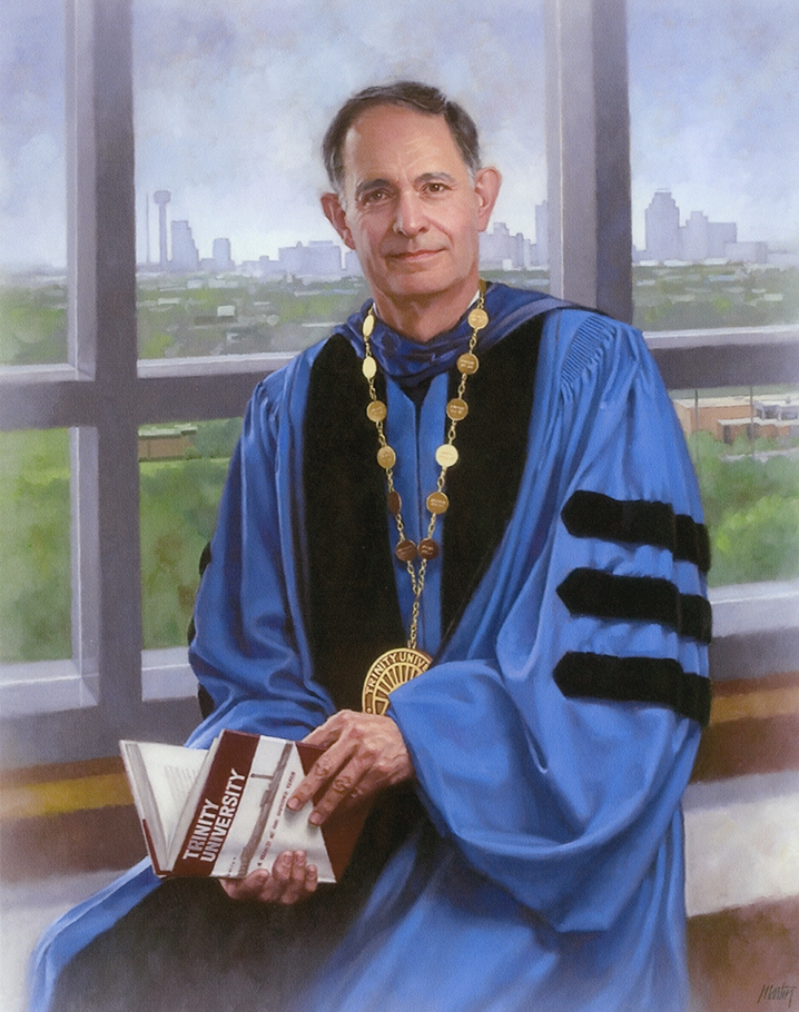 commissioned portrait of man in academic robes, with a gold medal around neck, holding a textbook. 