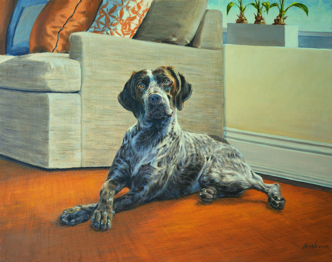 painted portrait of a dog laying on the carpet beside a couch