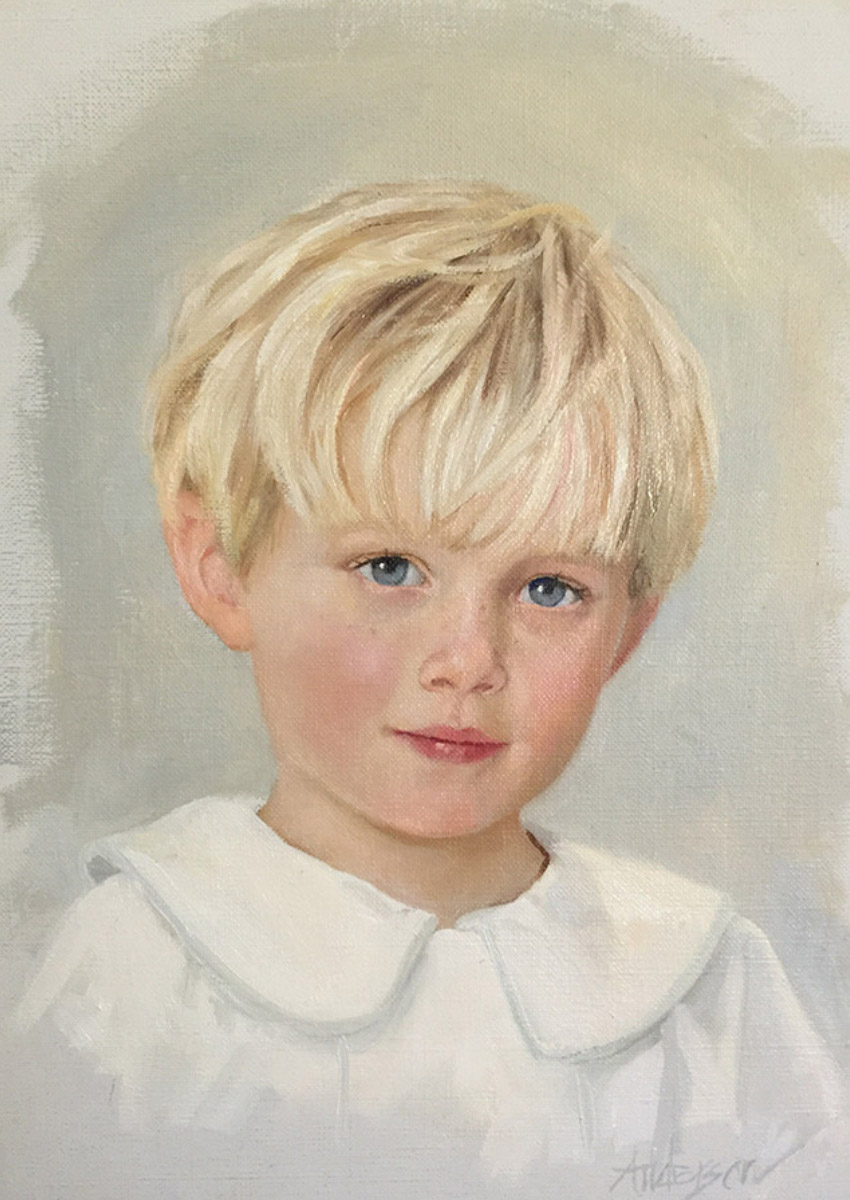 painted headshot of a young blonde boy in a white collared shirt