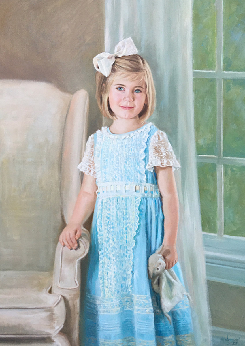painted portrait of a young girl in a blue dress posing beside an armchair