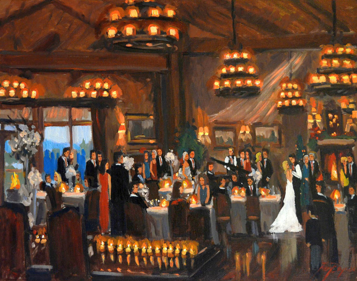live event painting of bride and groom dancing during an evening reception