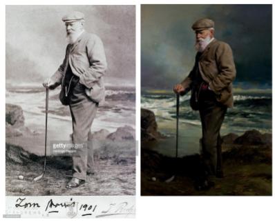 side by side image of a photograph of a man with a cane and a painted portrait of the man