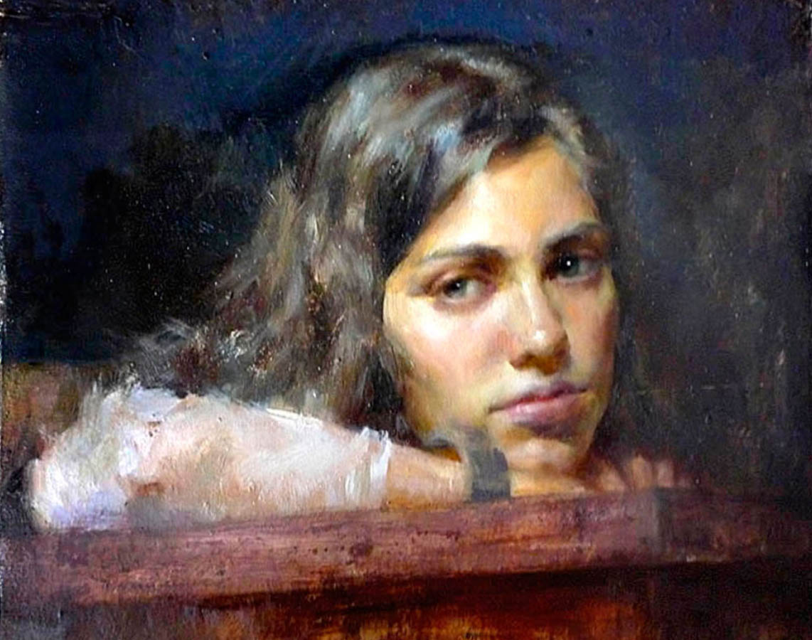 painted portrait of a young woman resting her head on her arm
