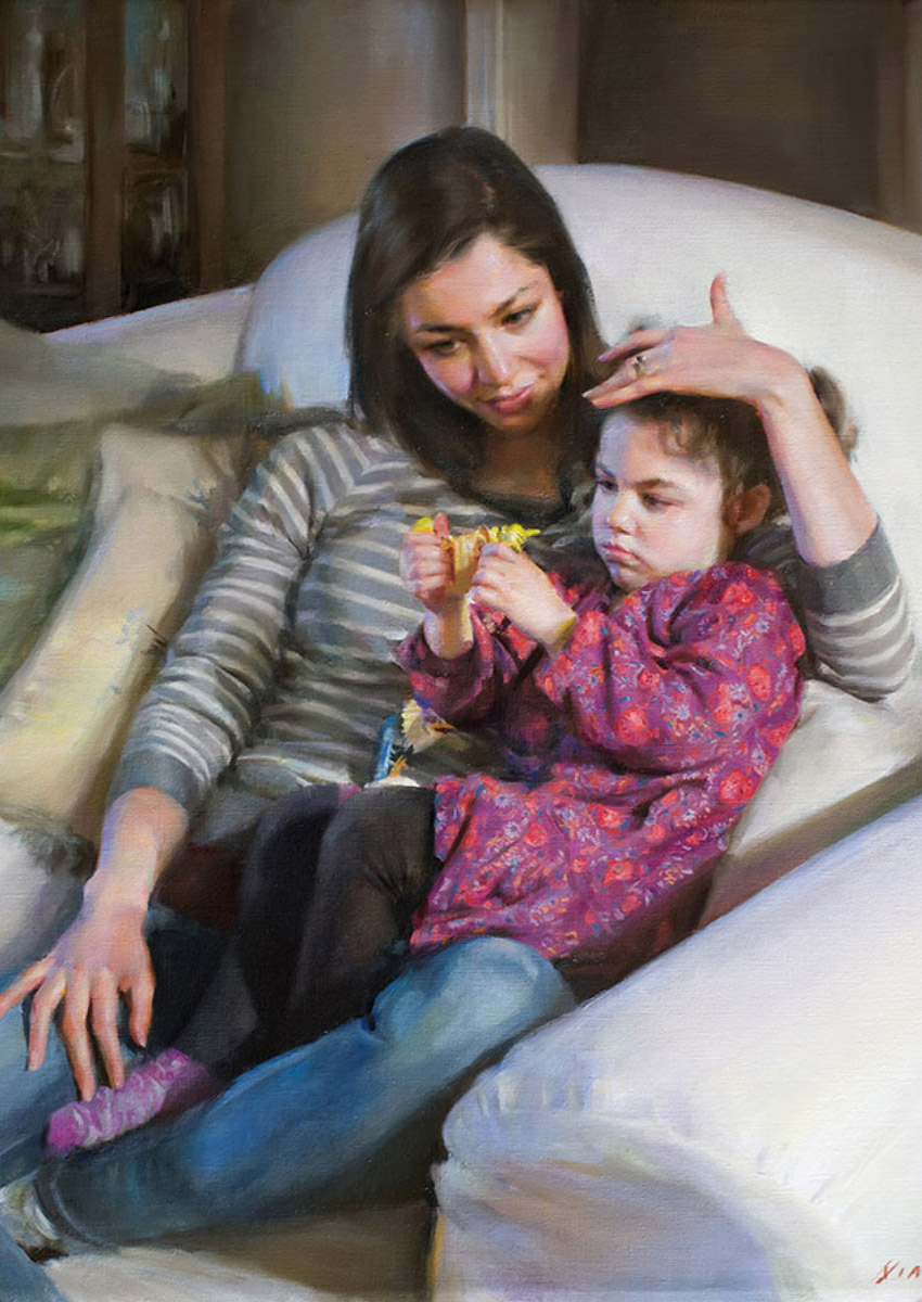painting of a mother and young daughter snuggled on the couch 